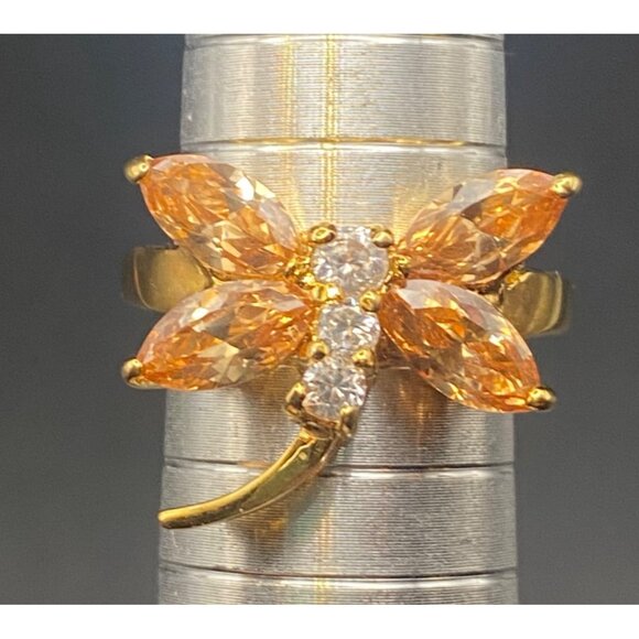 18K GE Gold Plated Dragonfly Ring Champagne CZ Size 7 Red Velvet Rose Gift Box - Picture 1 of 8